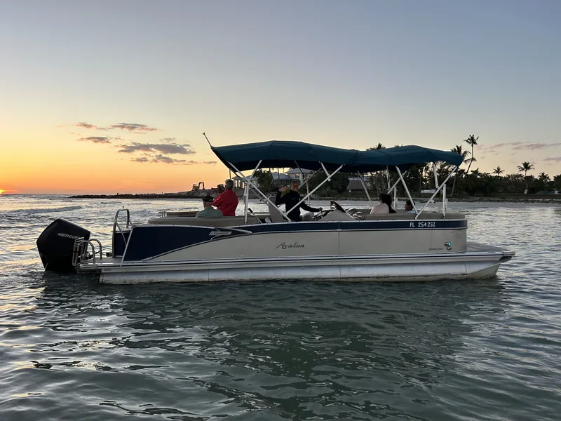 The Avalon pontoon idling near the beach at sunset, guests aboard under an orange sky