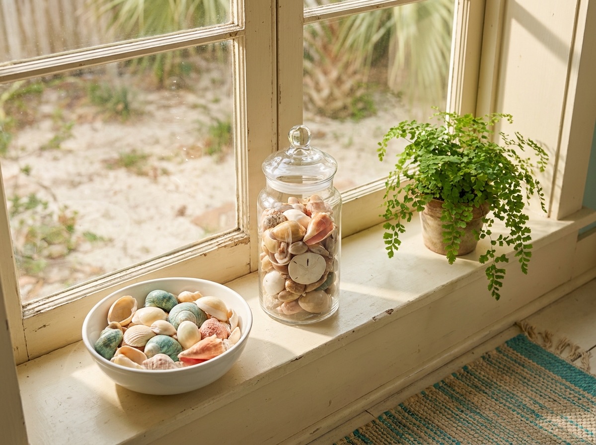 Cleaned and polished Gulf seashells displayed in a glass jar and a white bowl on a sunny windowsill