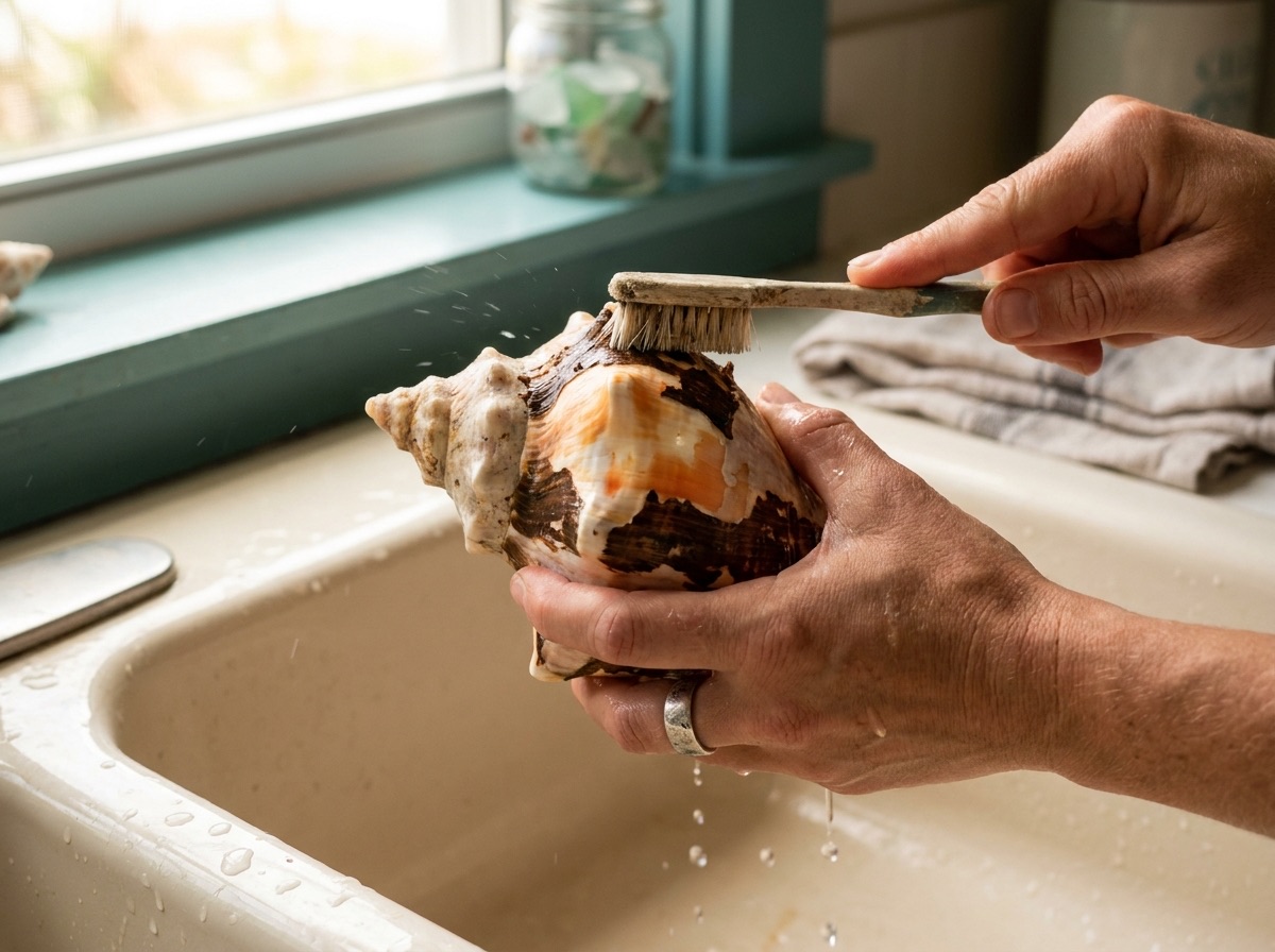 A hand scrubbing the brown periostracum off a whelk shell with an old toothbrush over a sink, revealing orange color