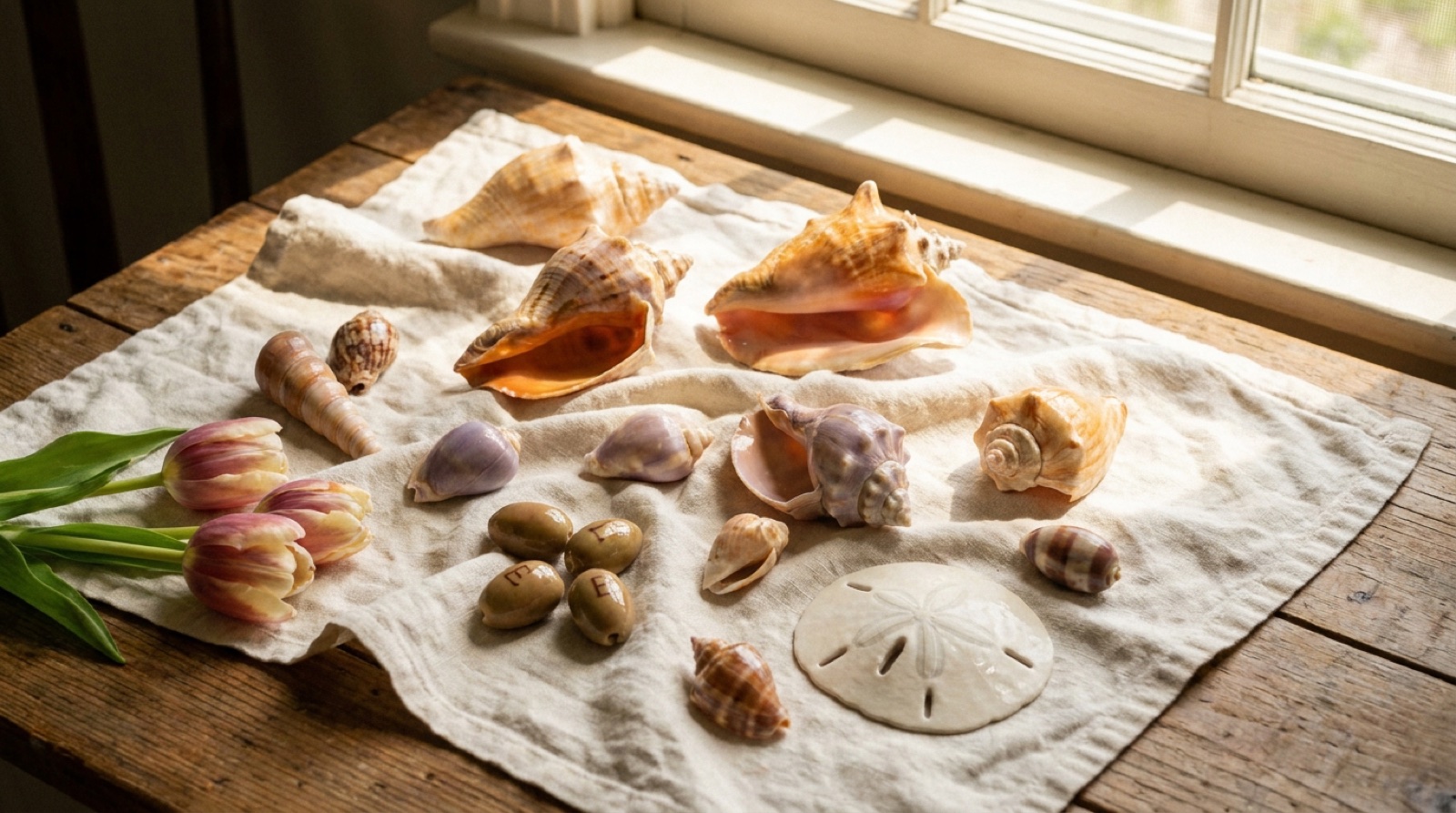 Freshly cleaned and polished Gulf seashells drying on a linen towel near Marco Island, Florida
