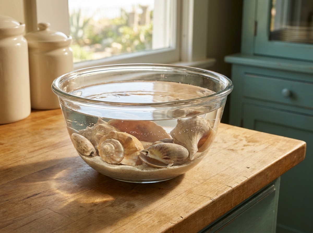 Empty Gulf seashells soaking in a clear glass bowl of fresh water with sand settling at the bottom