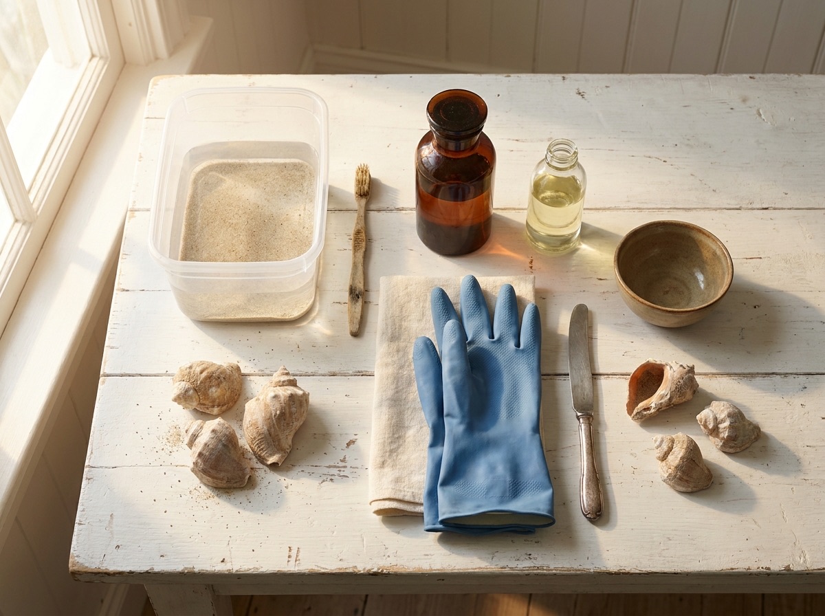 Seashell-cleaning supplies laid out on a table: bucket, toothbrush, peroxide, mineral oil, cloth and gloves