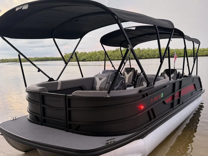 The Evotti, a Sand Dollar luxury pontoon, pulled up on a sandy beach with mangroves behind at sunset