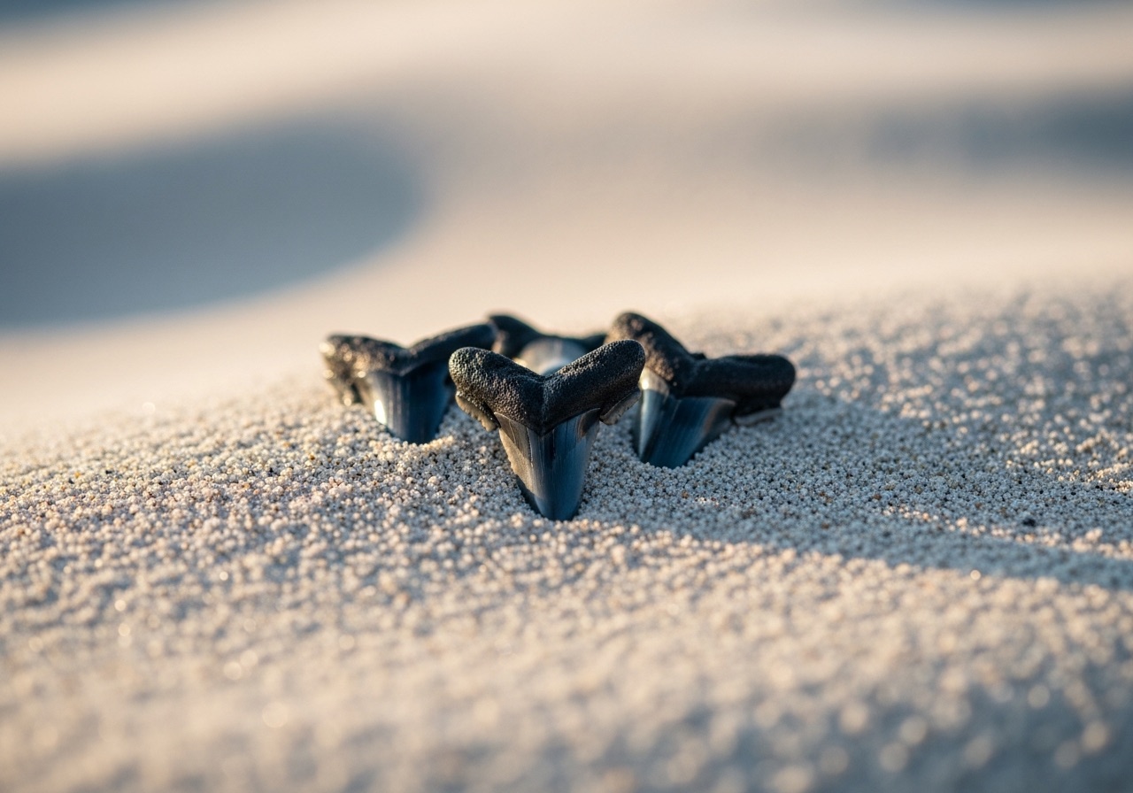 Shell hash and dark fossil shark teeth gathered on a beach near Marco Island, Florida
