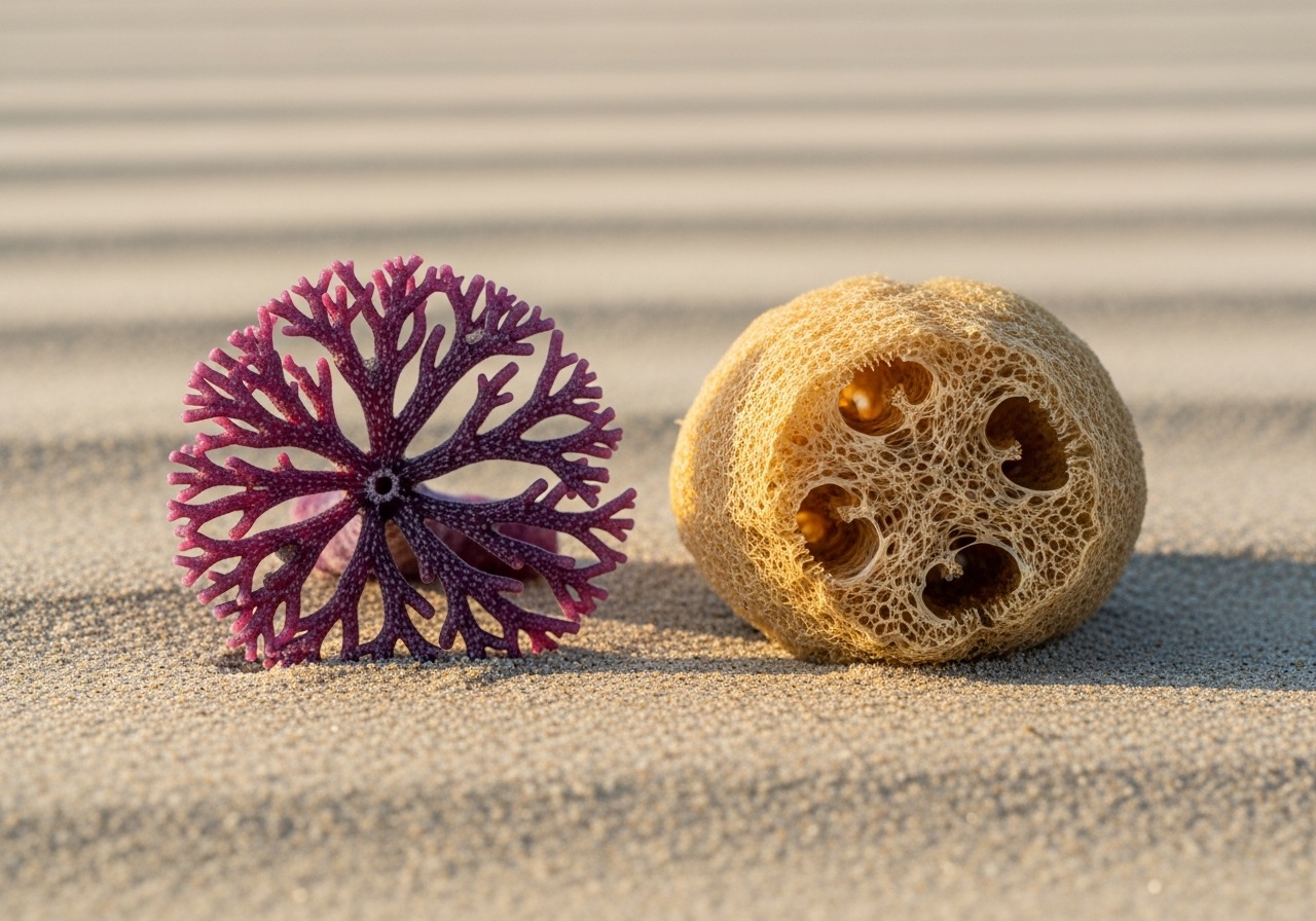 Purple sea whip soft coral and a finger sponge washed up in the wrack on a Southwest Florida beach