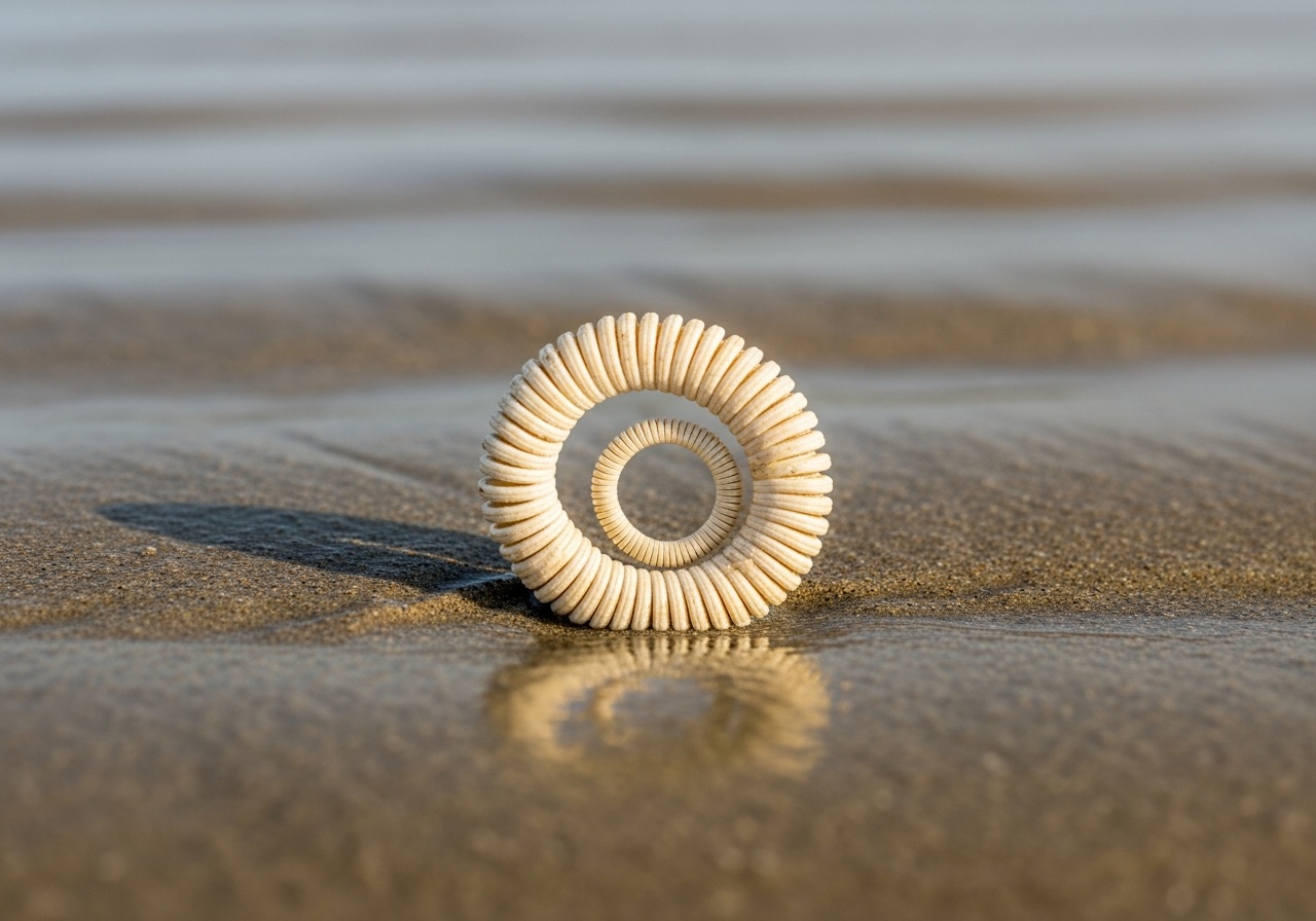 A coiled, disc-shaped lightning whelk egg case strand washed up on a beach near Marco Island, Florida