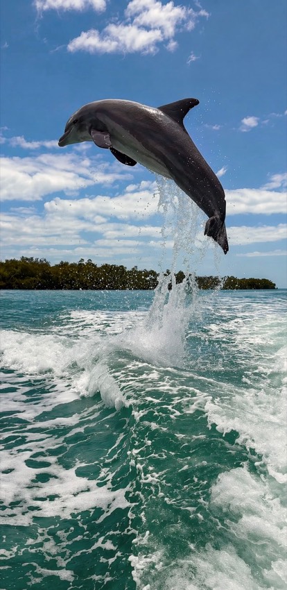 A wild bottlenose dolphin leaping fully out of the water on a Sand Dollar dolphin tour near Marco Island, Florida