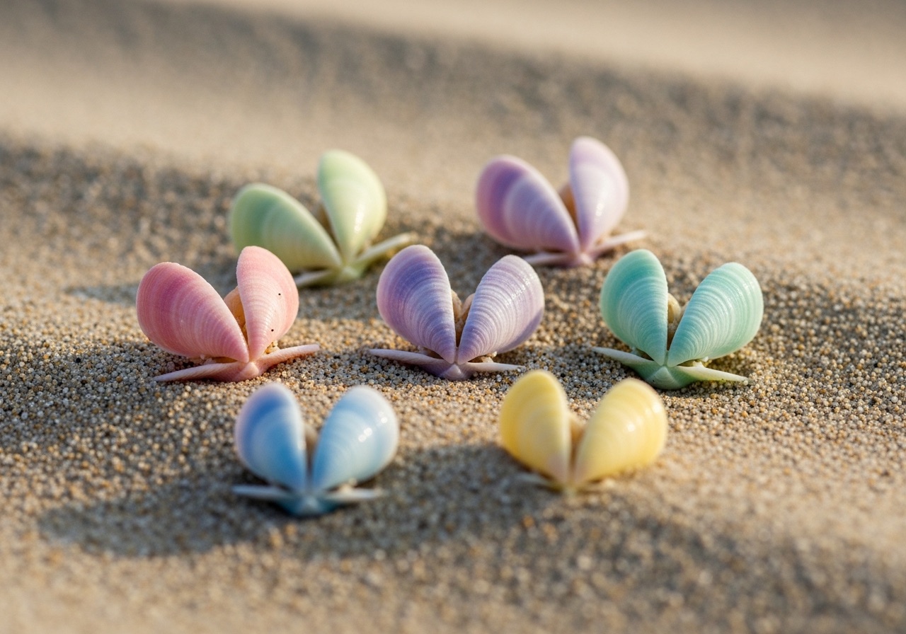 Colorful pastel coquina butterfly clam shells in the wet sand on a Naples-area Gulf beach