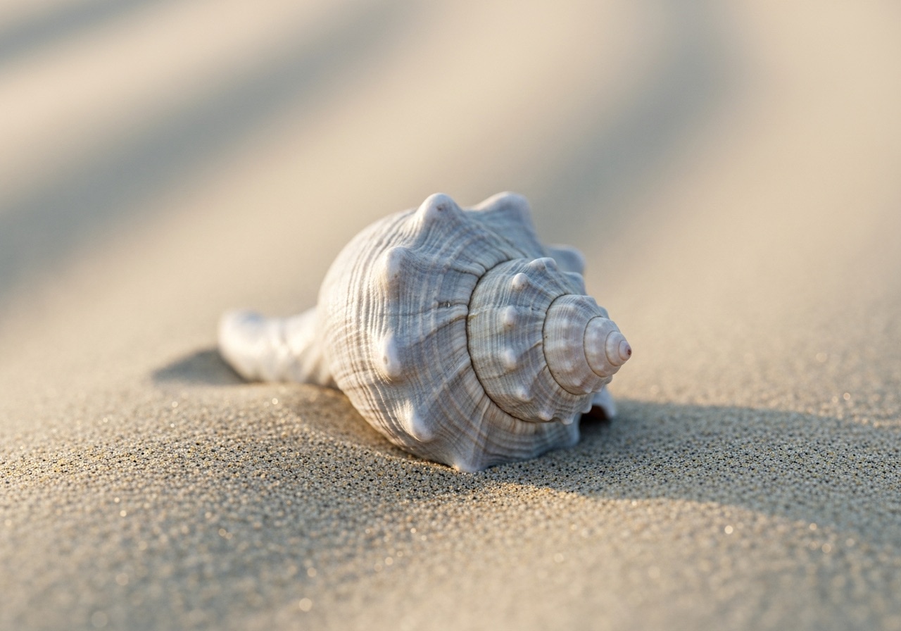 A right-handed knobbed whelk shell found on a barrier island near Marco Island, Florida