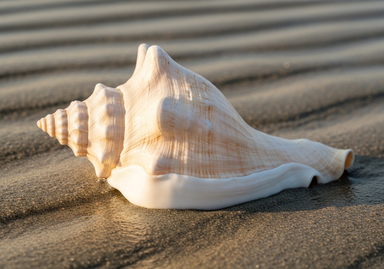 A heavy milk conch shell with a creamy-white flared lip from a Florida shelling trip