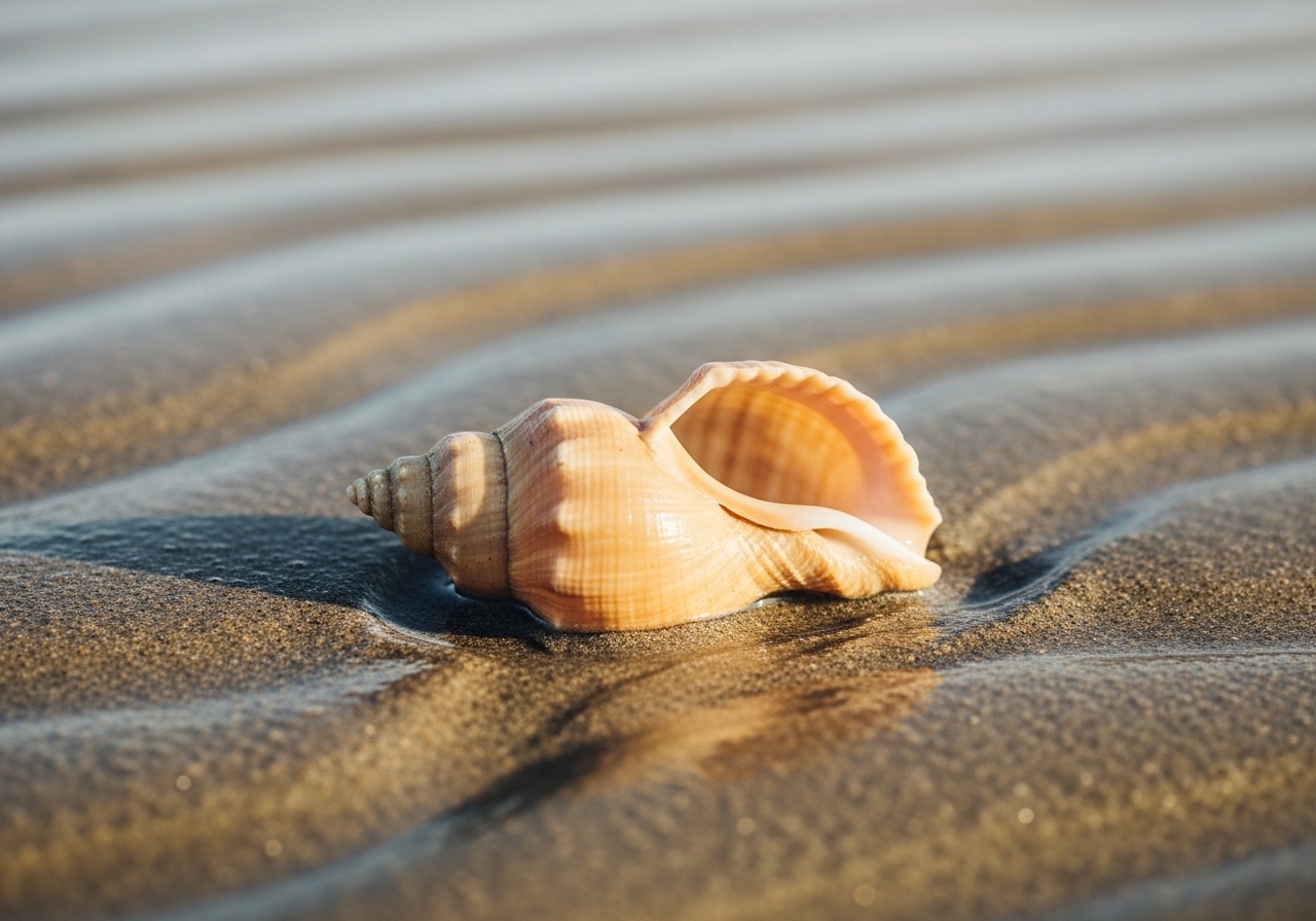 A smooth pear whelk shell among sunset shells on a Marco Island beach