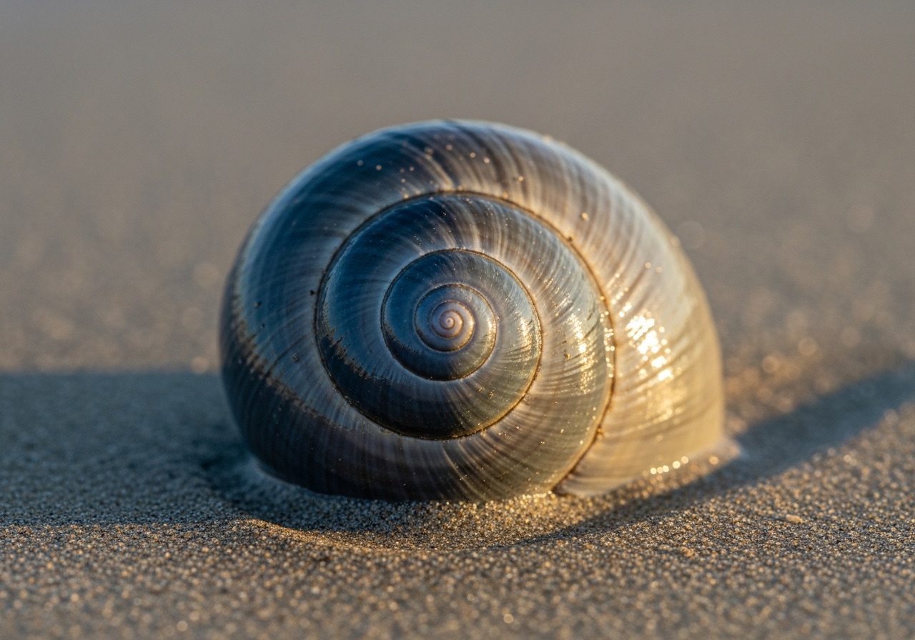 A glossy round shark eye moon snail with a steel-blue spiral eye on a Marco Island beach
