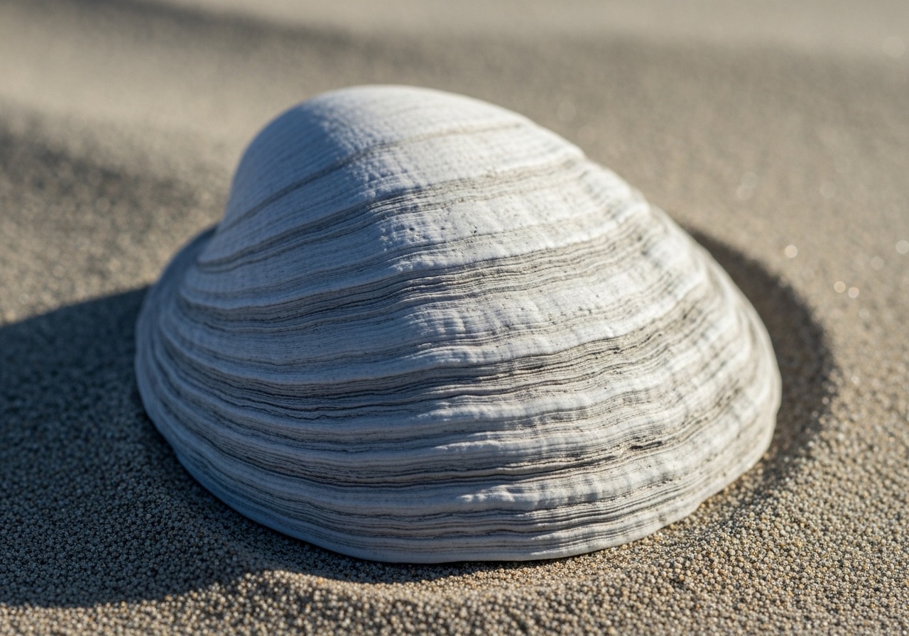A heavy southern quahog clam shell with a purple-stained interior on driftwood from a shelling tour