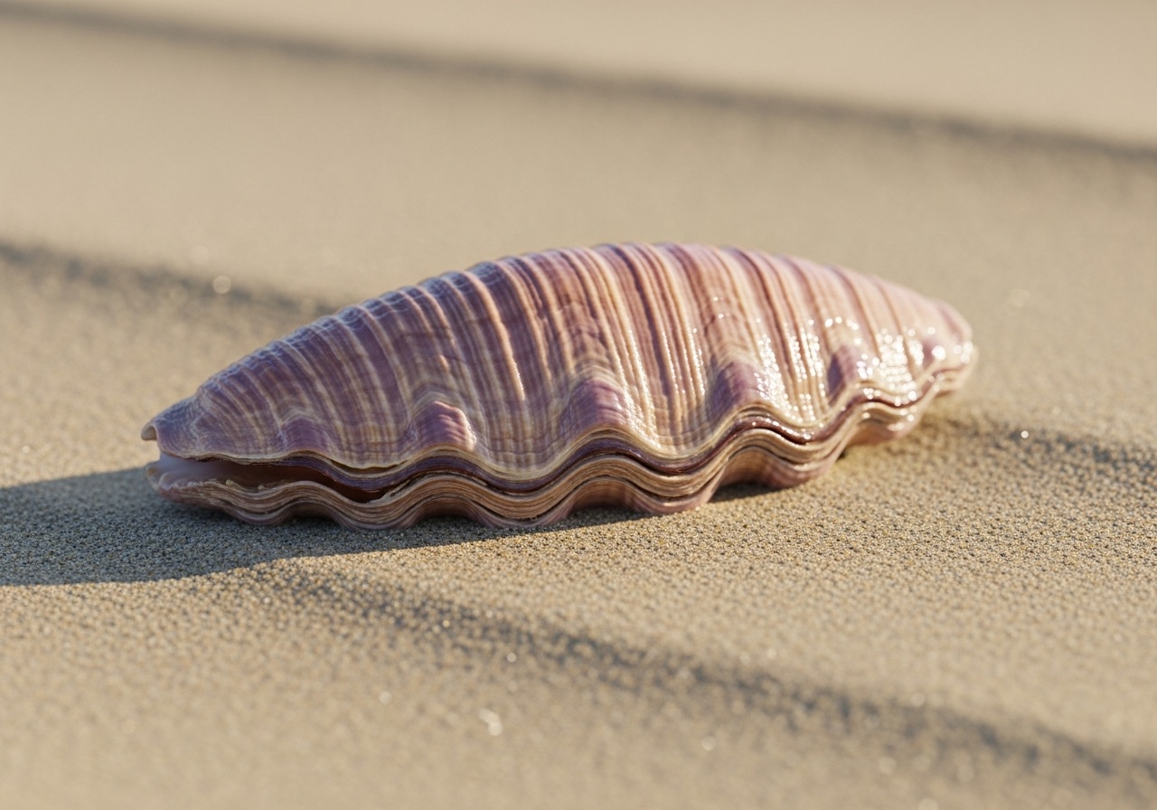 A glossy sunray venus clam shell with violet rays among a SW Florida shelling collection