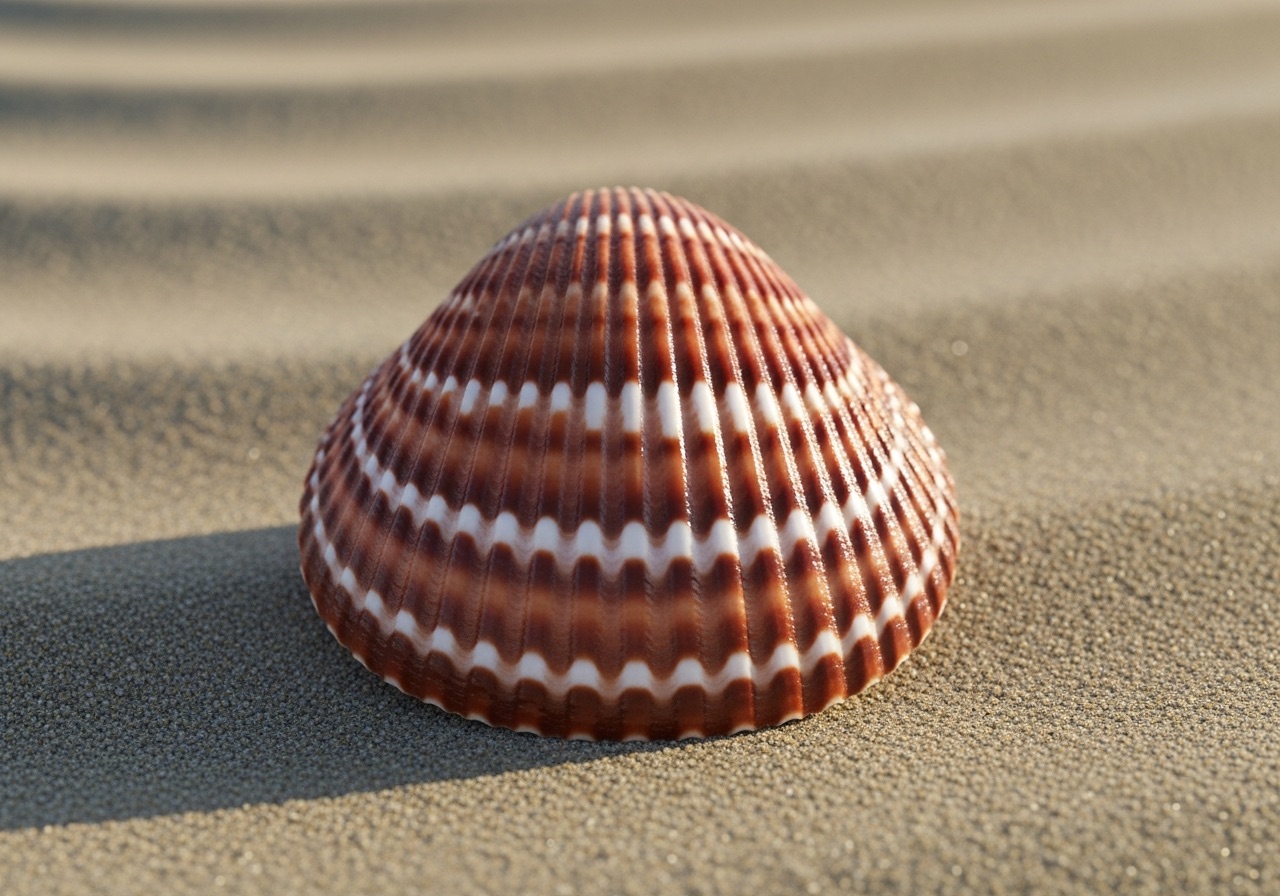 A reddish-brown striped turkey wing shell on a Marco Island beach at sunset