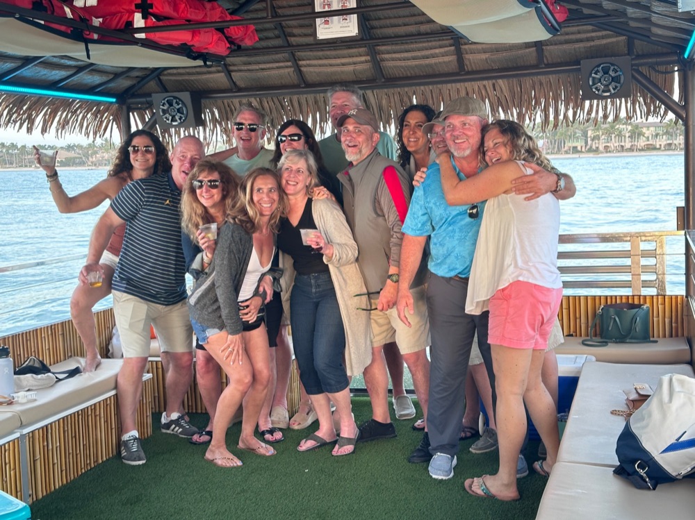 The shaded deck and safety rails of the Sand Dollar tiki boat cruising near Naples, Florida